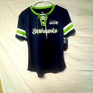 NWT  Seattle Seahawks Fanatics Blue Lace Top Jersey Women's S Glitter Lace Logo